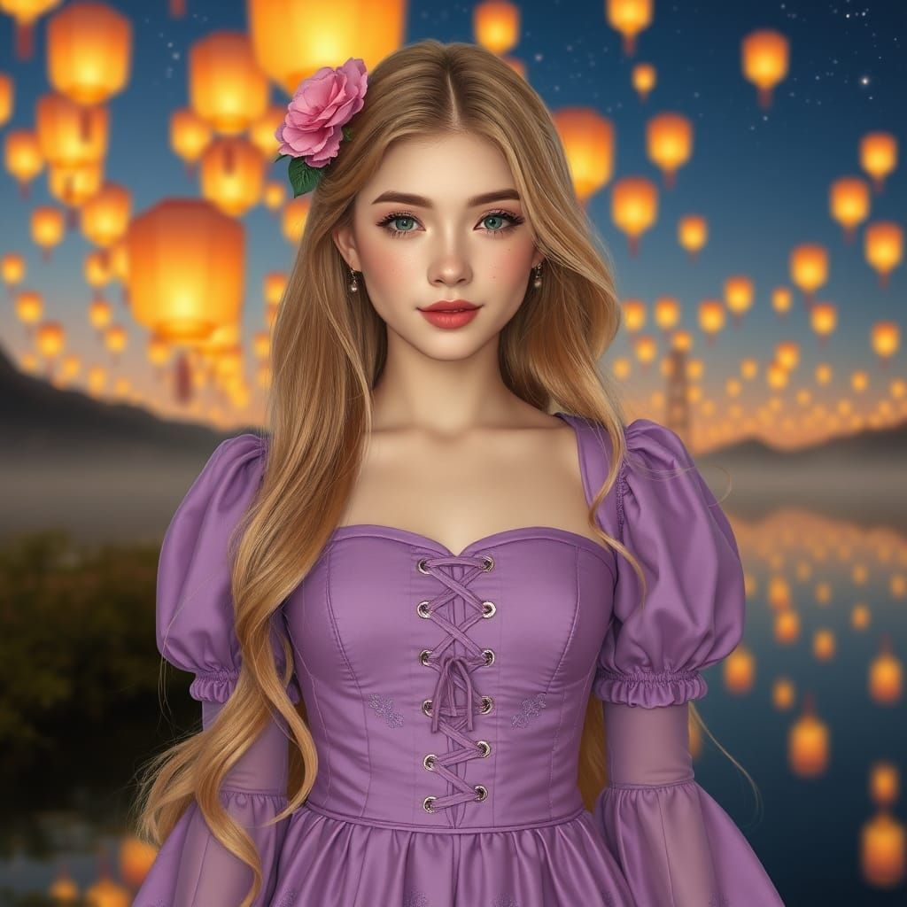 Golden Haired Woman by Lantern Lit Lake