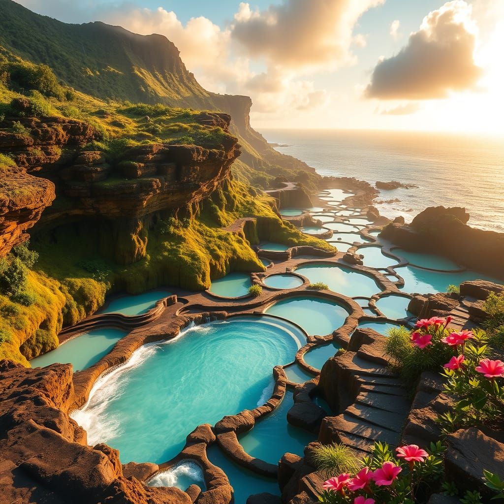 Lush Hawaiian Cliffside Hot Springs Scene