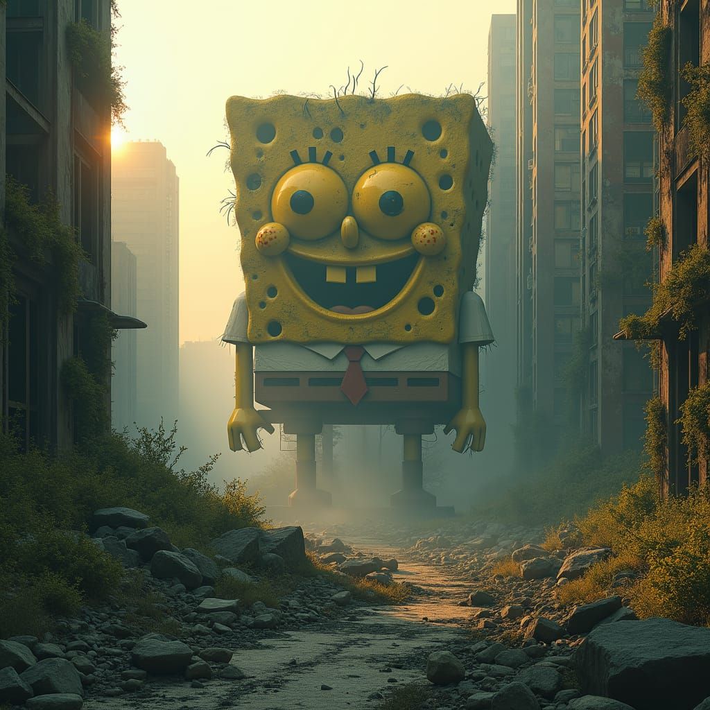 Post-Apocalyptic Cityscape with SpongeBob Building