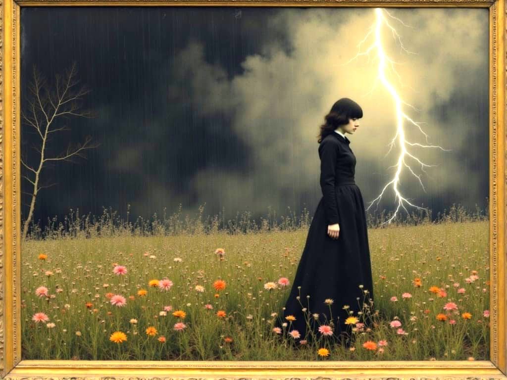 Goth Girl in Antique Frame, Watercolor Style