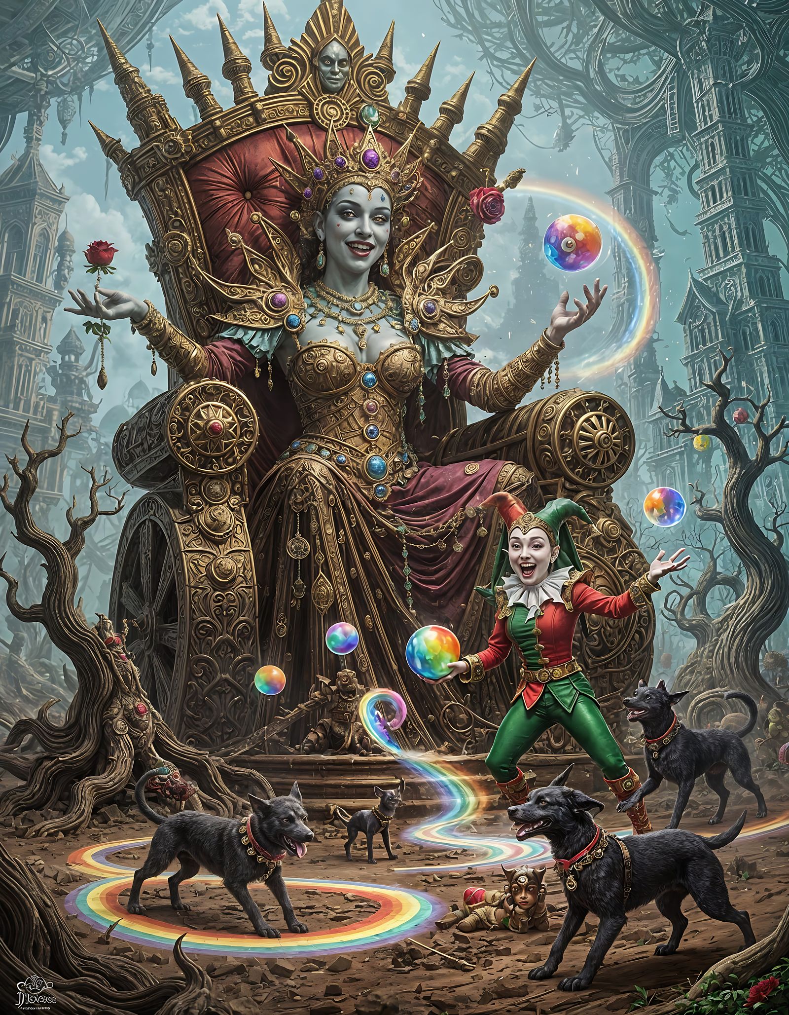 Queen of Greed and Jester with Dogs on Cursed Land