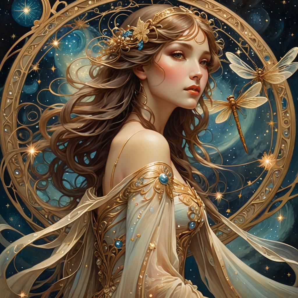 Dragonfly Woman in Starry Night, Art Nouveau Style