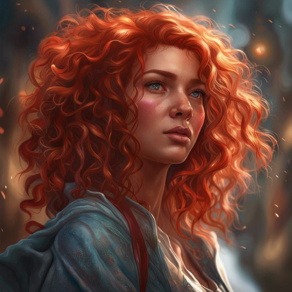 Hyperrealistic Portrait of Woman with Red Curly Hair