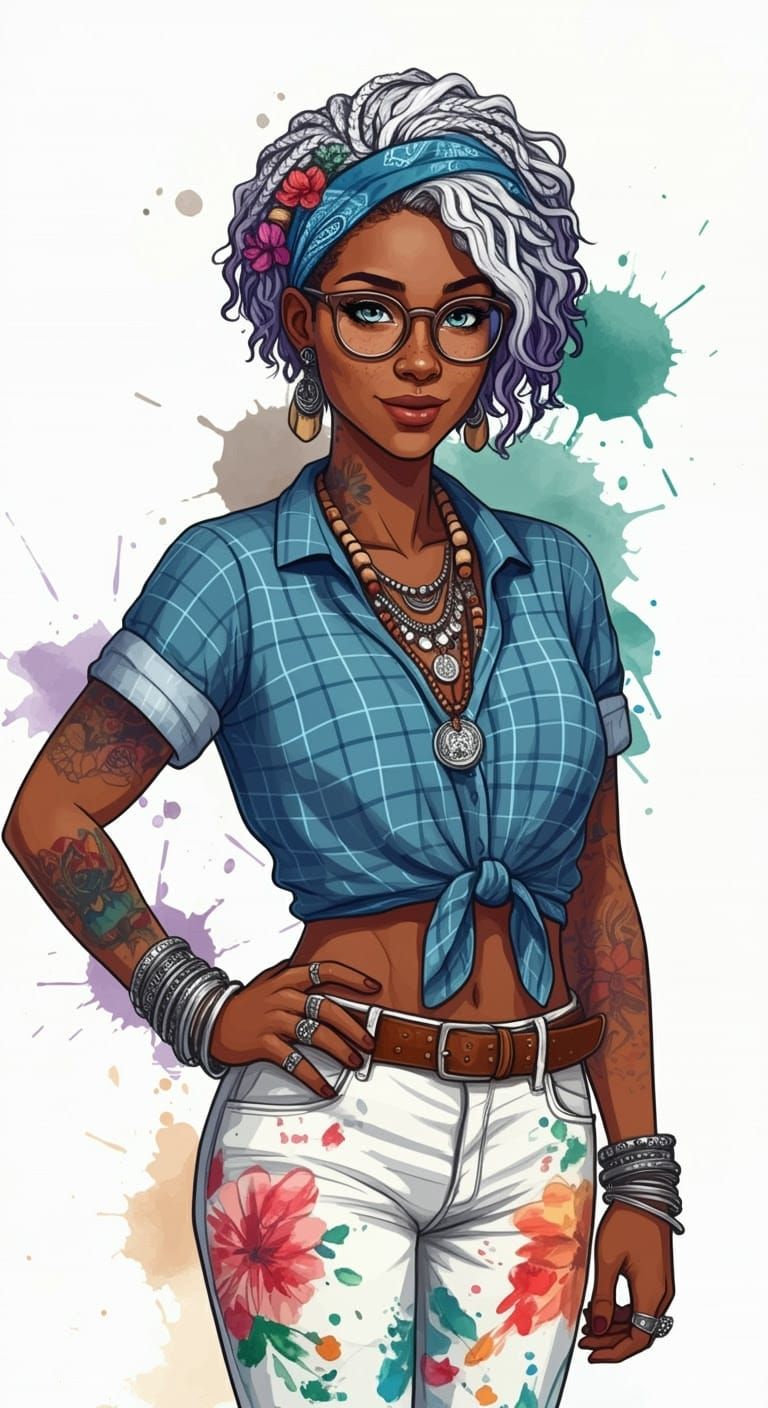 Watercolor Portrait of Woman with Braided Silver Hair