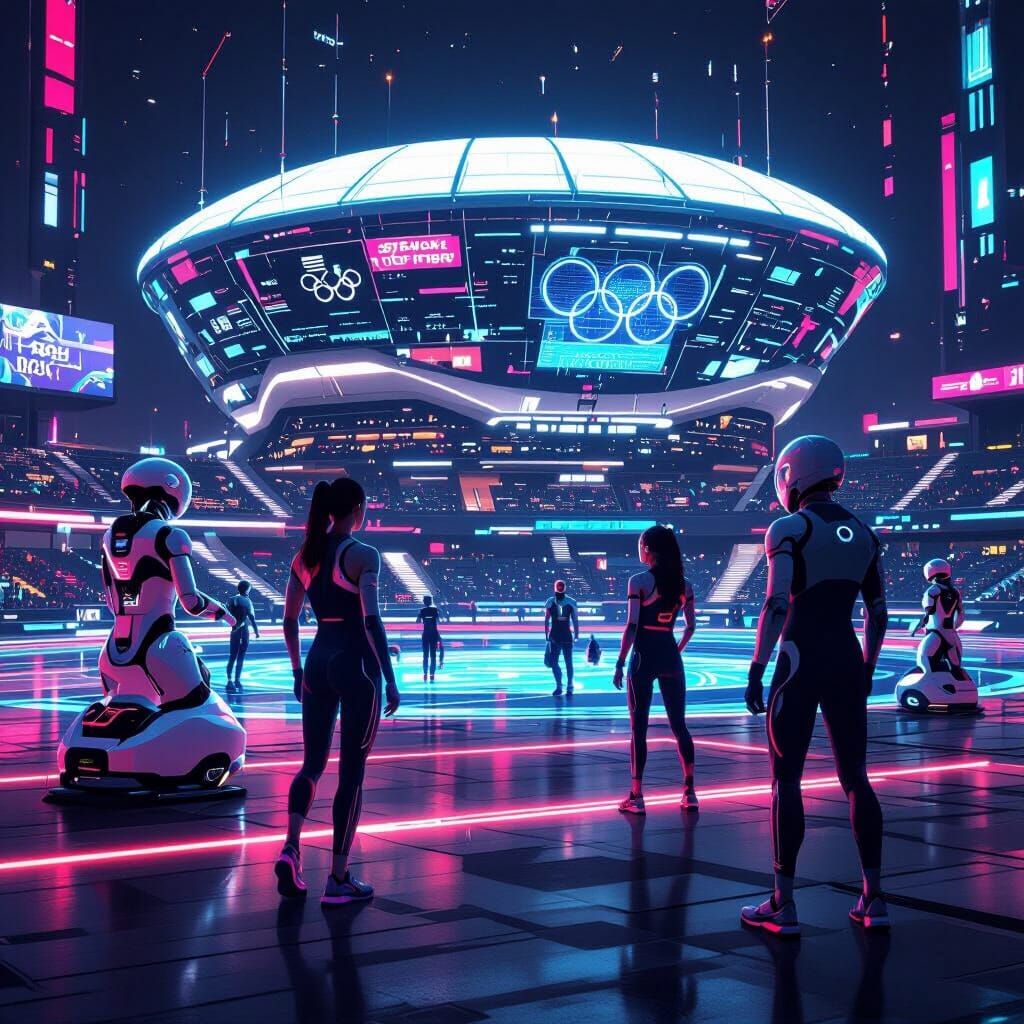 Futuristic Olympic Stadium with AI Athlete Training