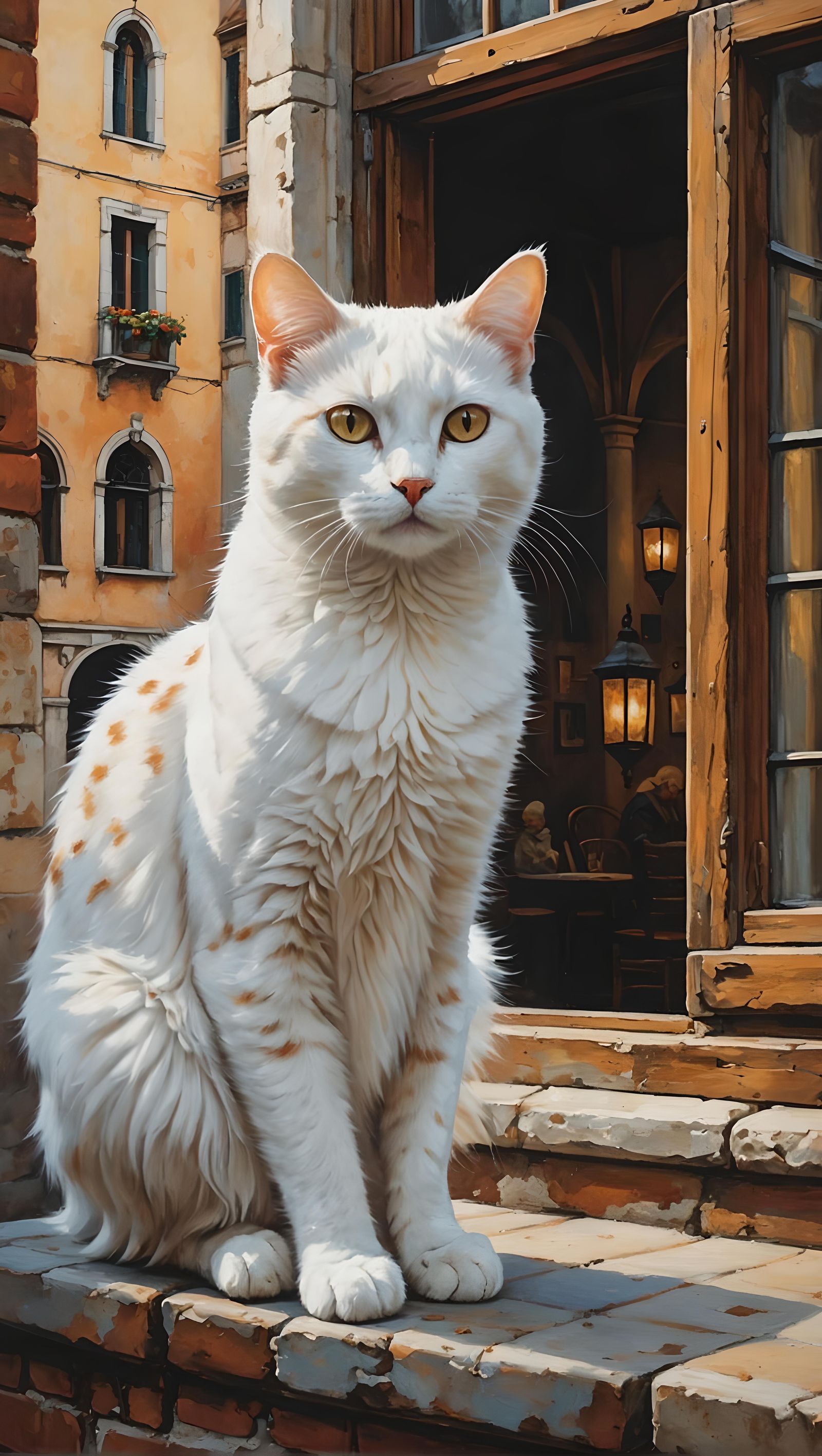 Cat Observes Medieval Venice, Oil Painting