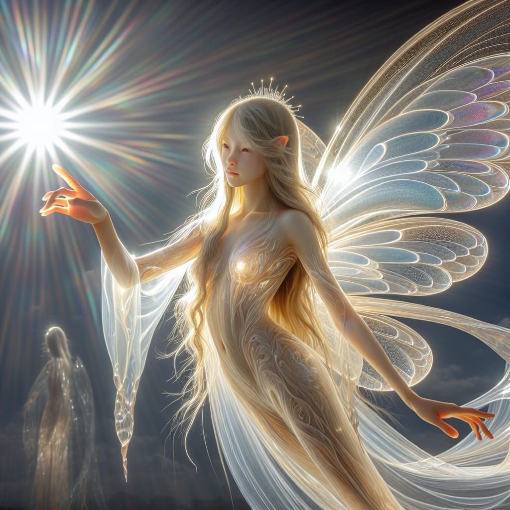 Ethereal Fairy Goddess Touches Morning Sun in Translucent Wi...