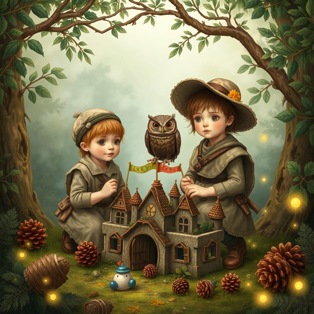 Children Build Miniature Kingdom Watched by Owl