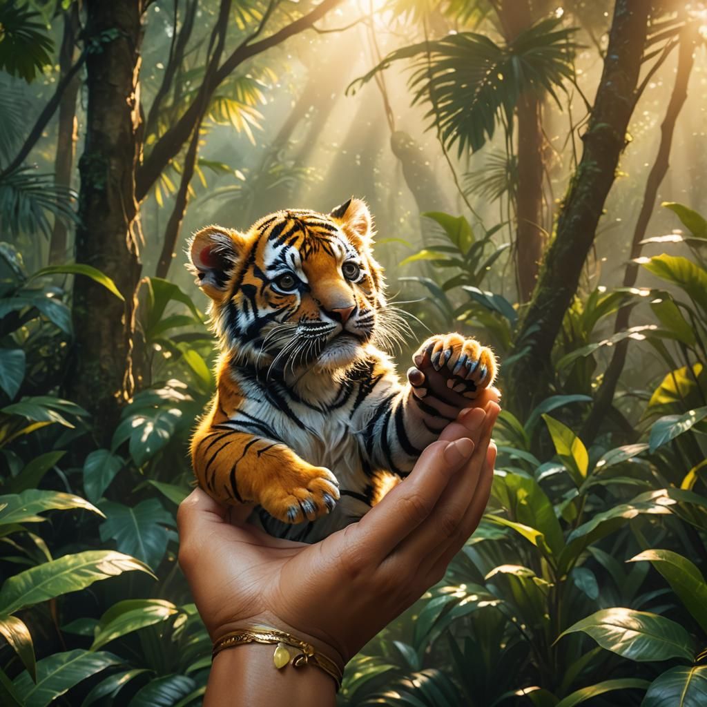 Baby Tiger Cub on Human Hand in Jungle