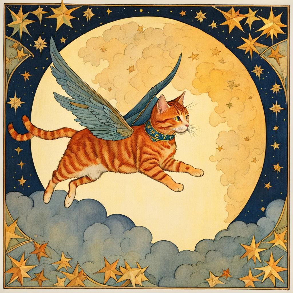 Flying Cat Fairy Illustration in Art Nouveau Style