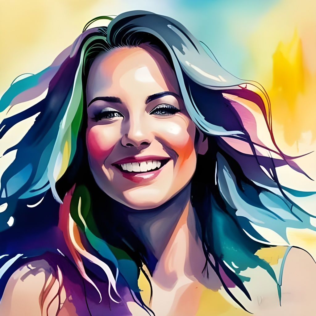 Joyful Woman's Portrait in Ink and Watercolor Style