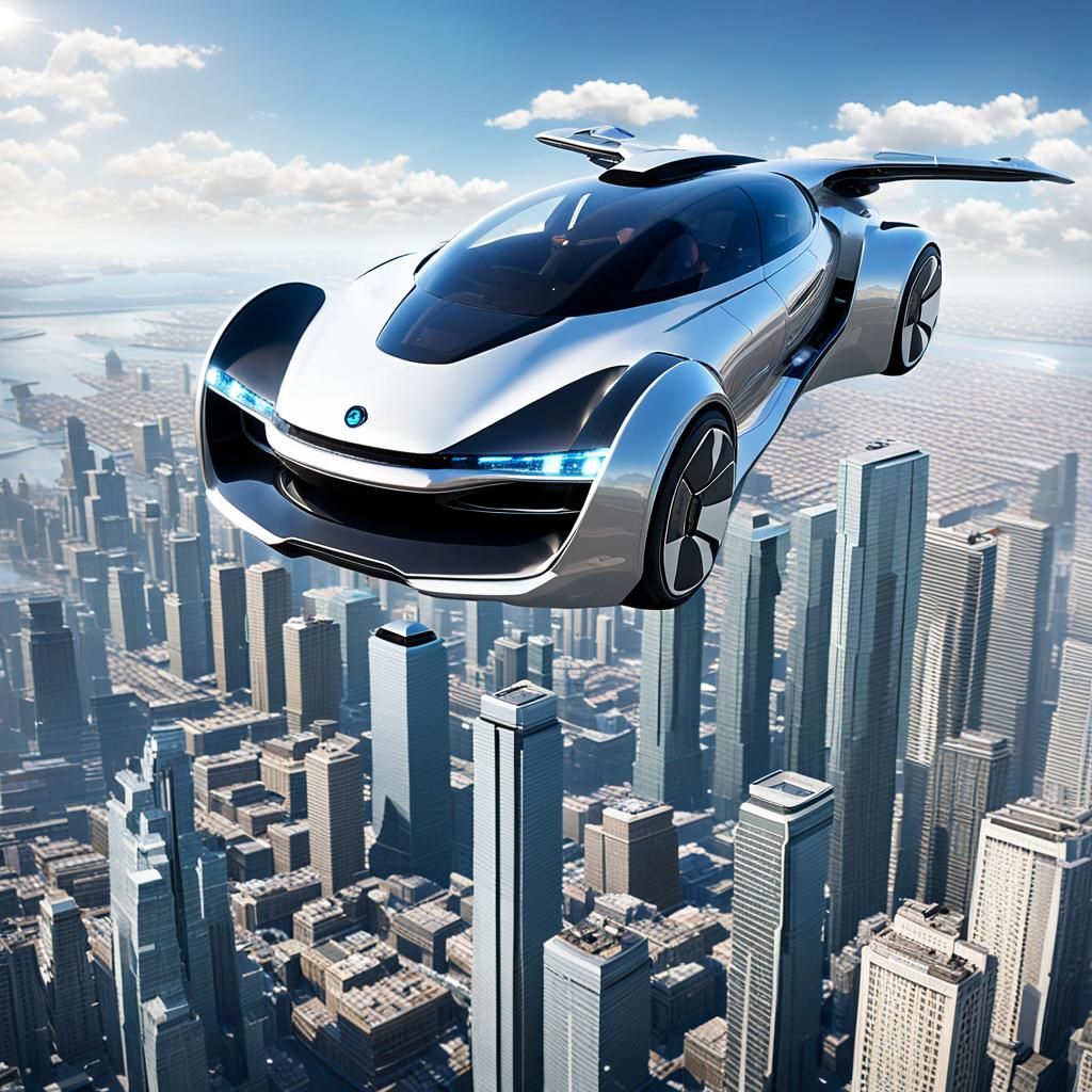 Futuristic Flying Car Soaring Above Cityscape in Photorealis...