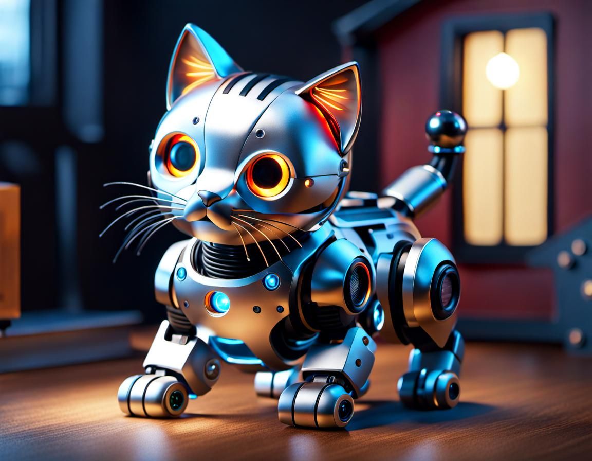 Hyperrealistic Robot Toy Cat in Elaborate House