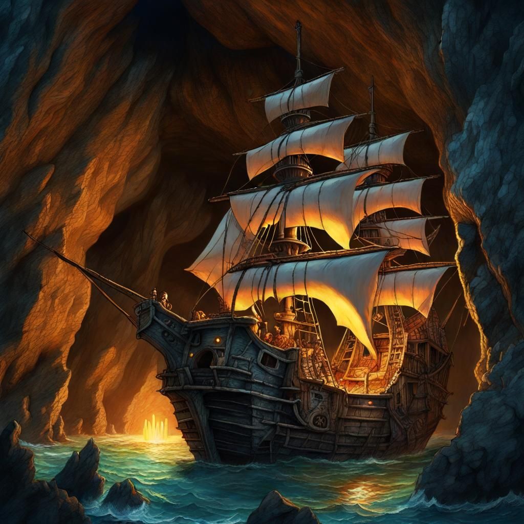 Pirate Stronghold Concealed in Sea Cave, Digital Illustratio...