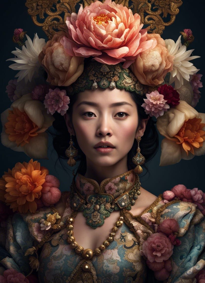 Empress Portrait with Flower Headpiece, Hyperrealism Art