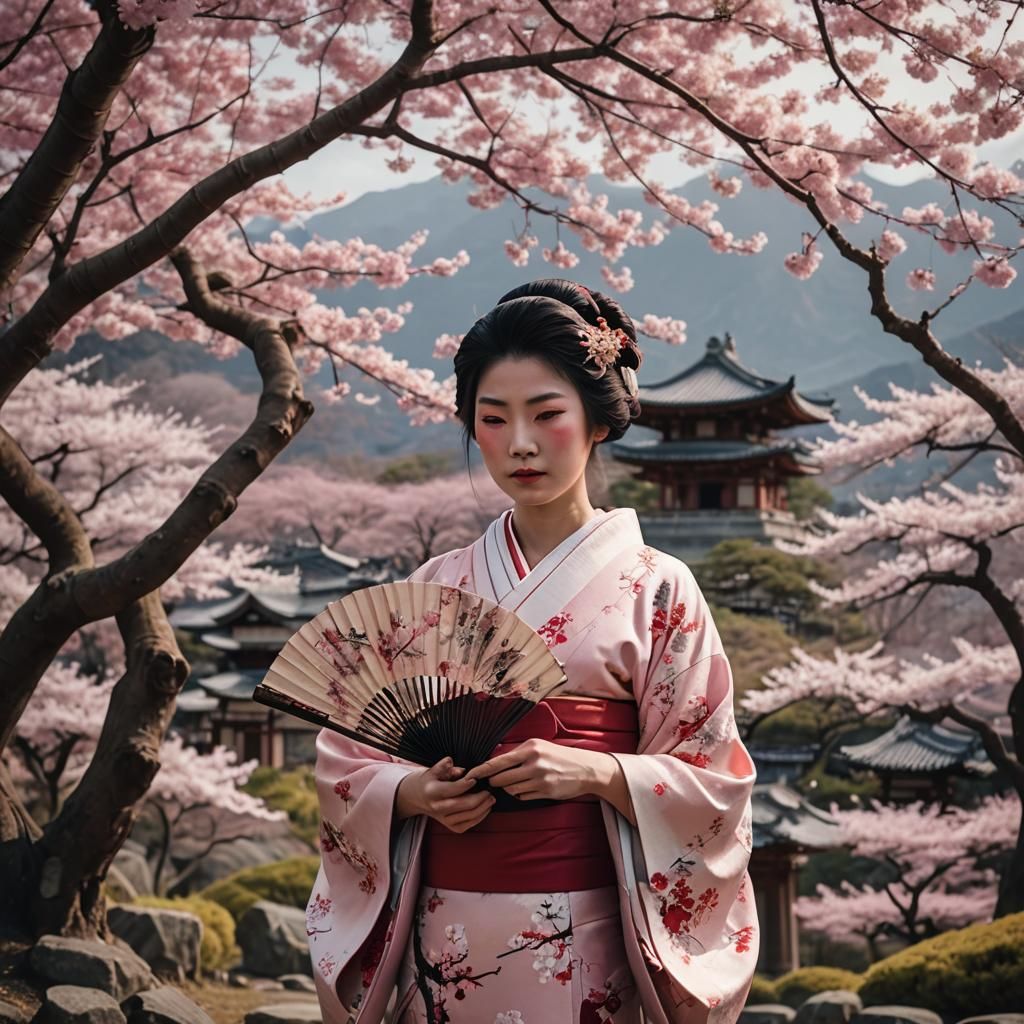 Geisha Under Sakura Tree in Cinematic Style