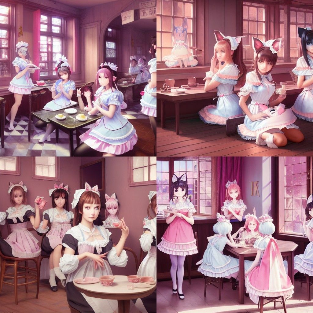 Cat-Eared Maids Serve Coffee in a Detailed Cafe