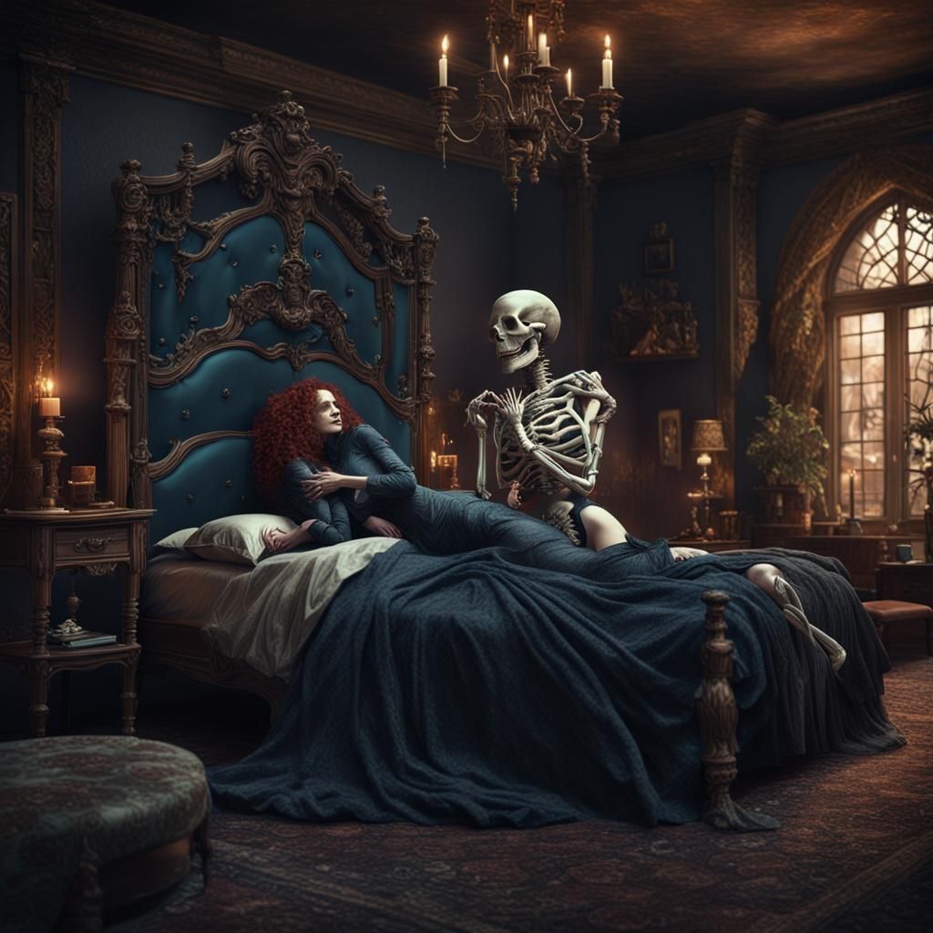 Eerie Embrace: Woman and Skeleton in Love