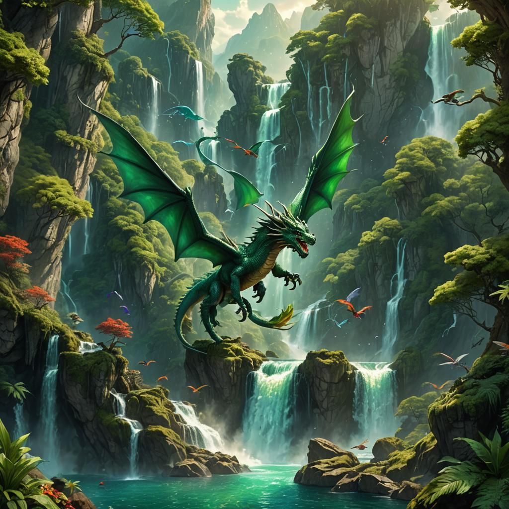 Majestic Dragon Soars Above Waterfall Paradise