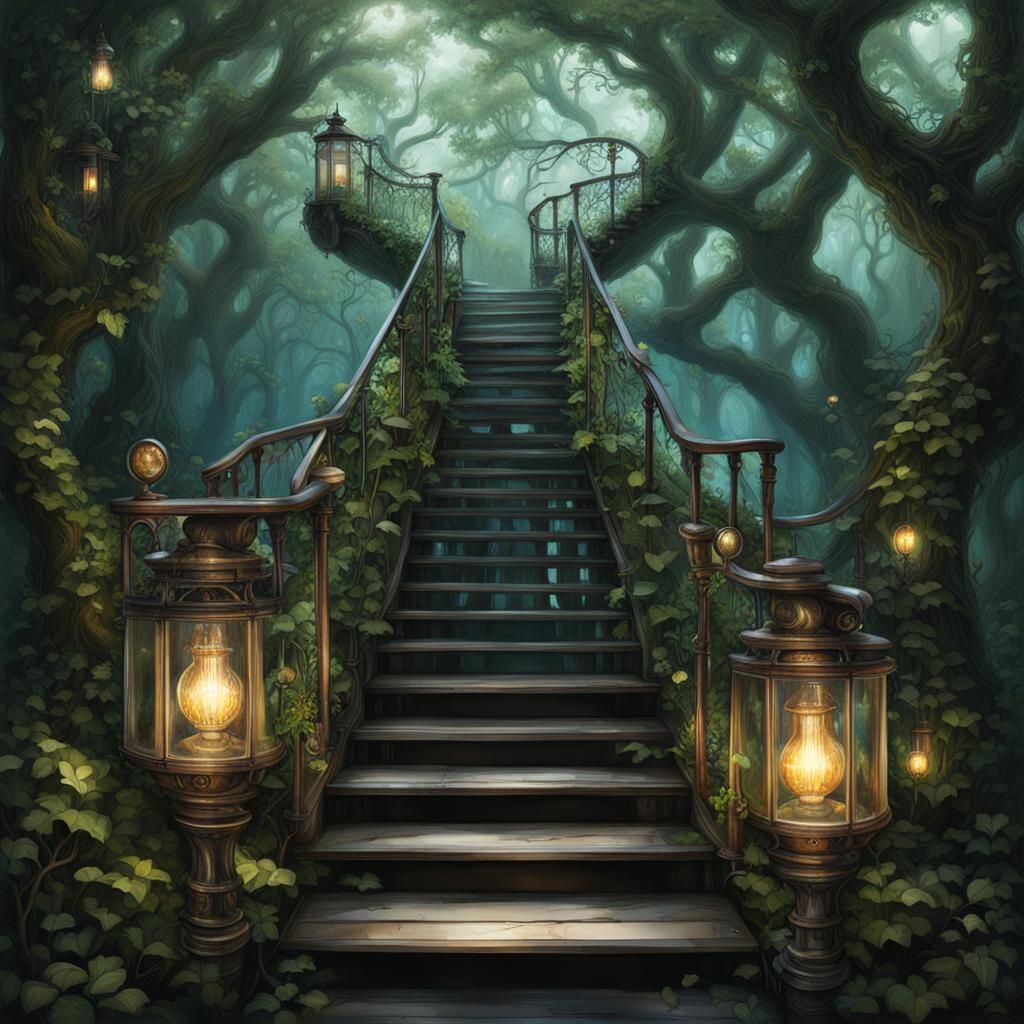 Glass Staircase in Enchanted Forest with Steampunk Engine