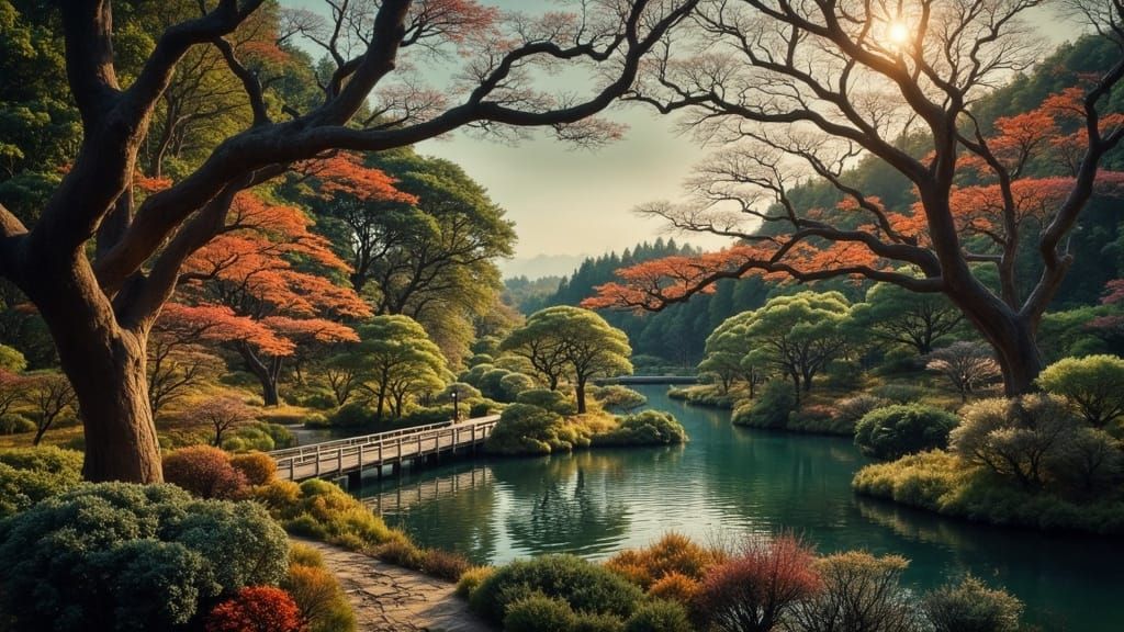 Serene Japanese Garden in Autumn Light