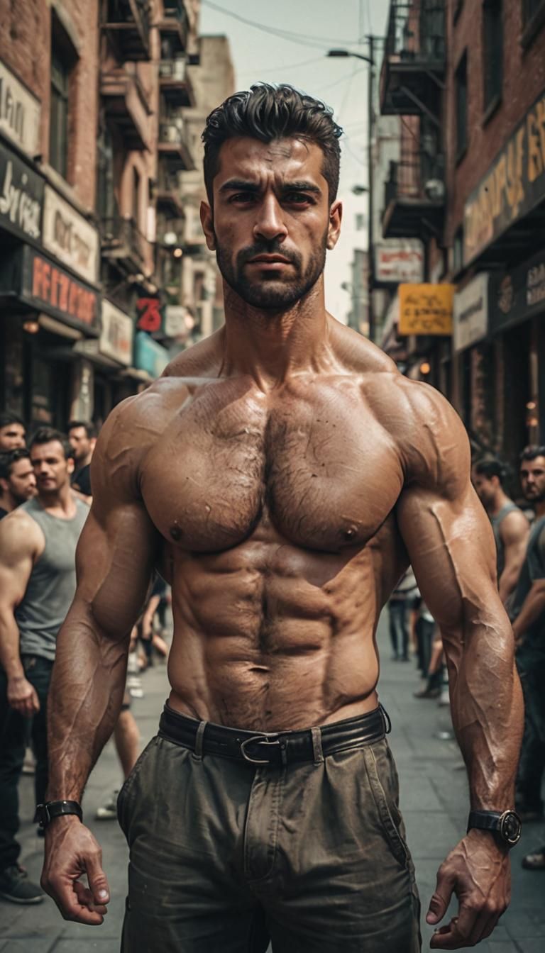Hot shirtless muscular bodybuilder Persian guy (place model at center) age 25 showing 9% bodyfat his body in public Cine...