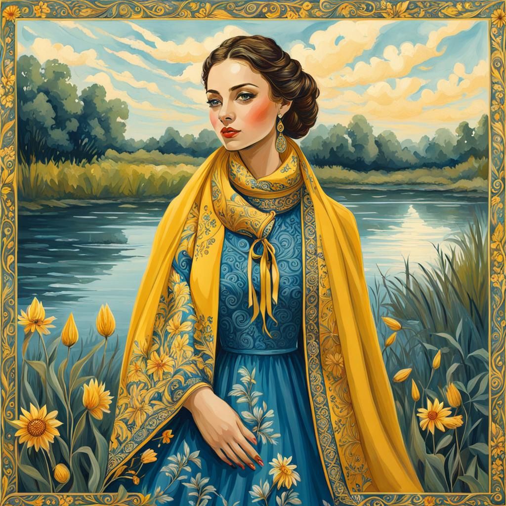 Woman in Blue Dress: Folkloric Botanical Illustration