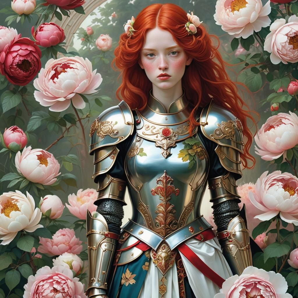 Pre-Raphaelite Queen in Armor with Floral Accents