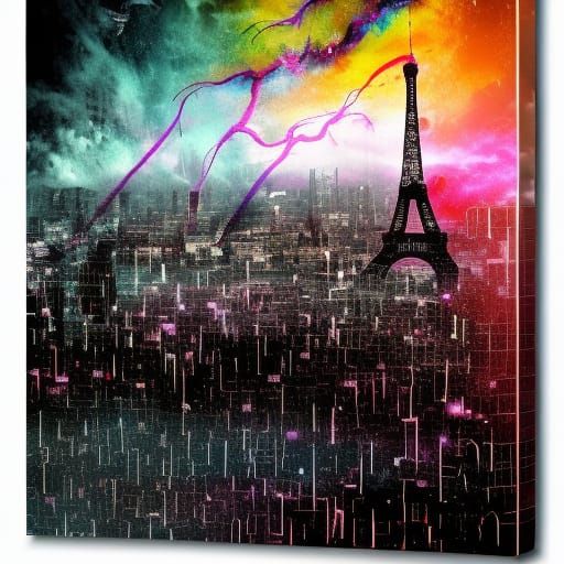 Noir Paris Cityscape Illustration with Lightning