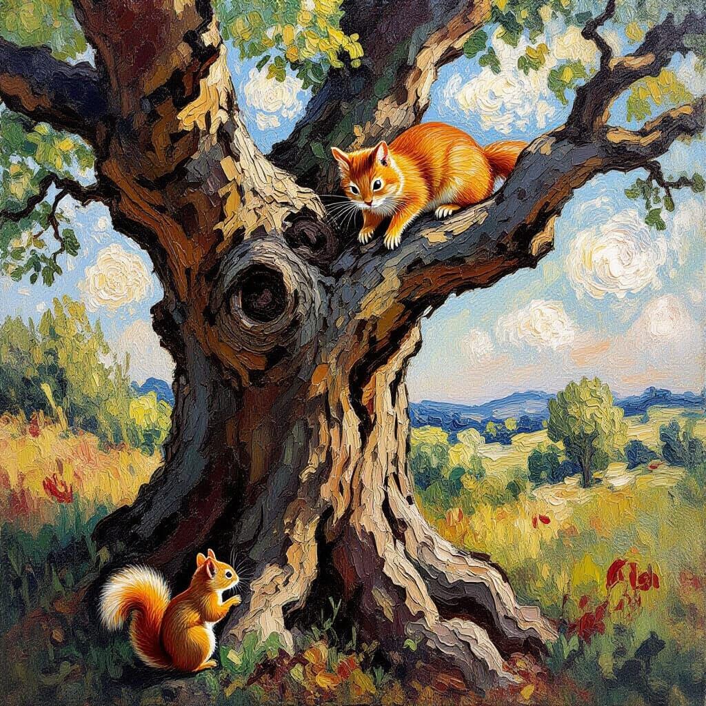 Cat and Squirrel in Tree, Impressionist Painting