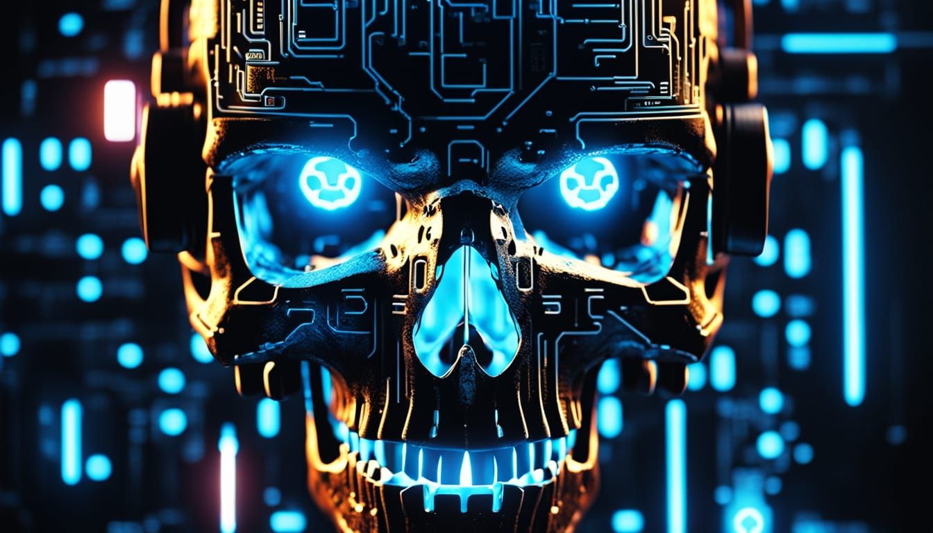 Cyberpunk Skull with Cybernetic Implants in Neon Noir