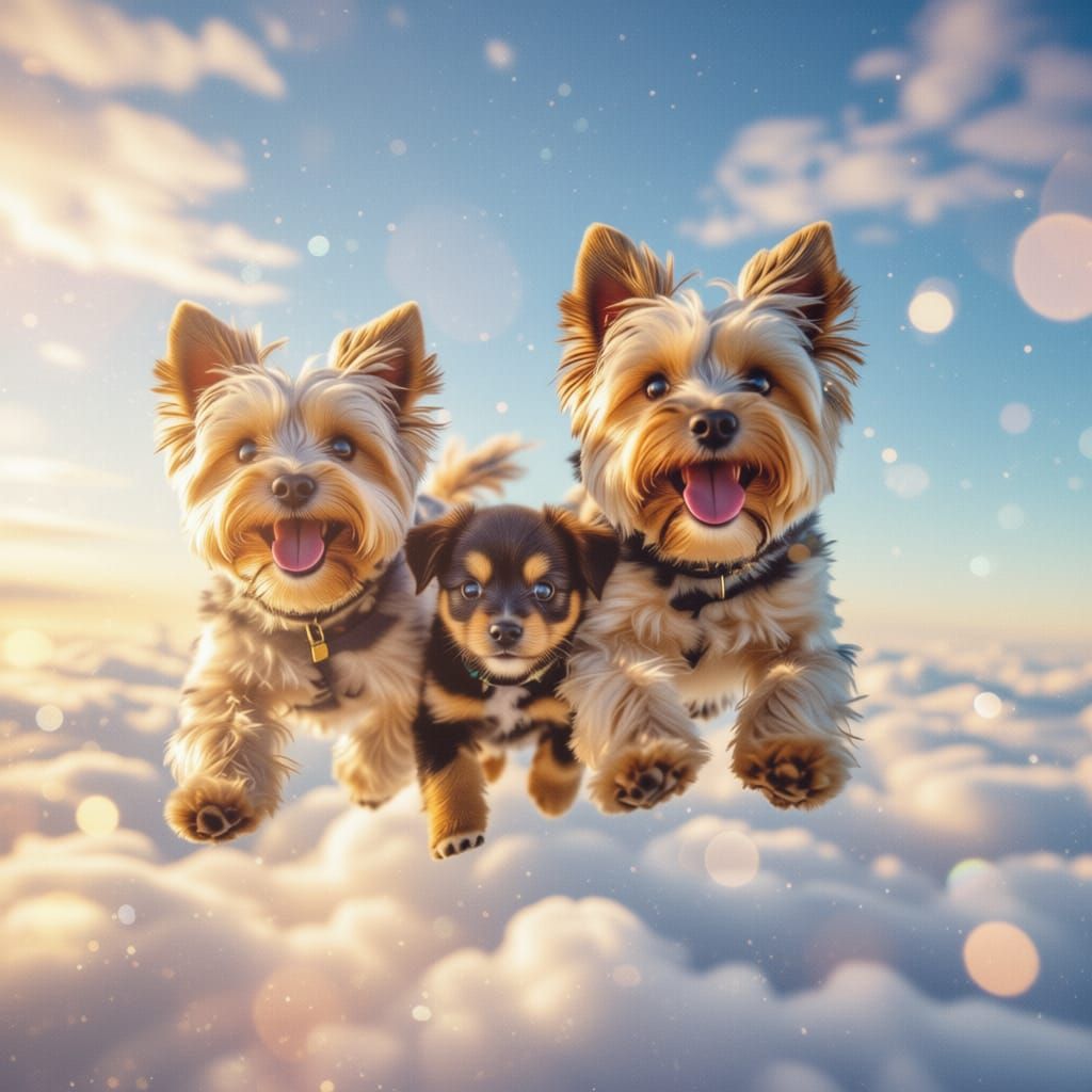 Yorkshire Terrier Family Flying Through Clouds
