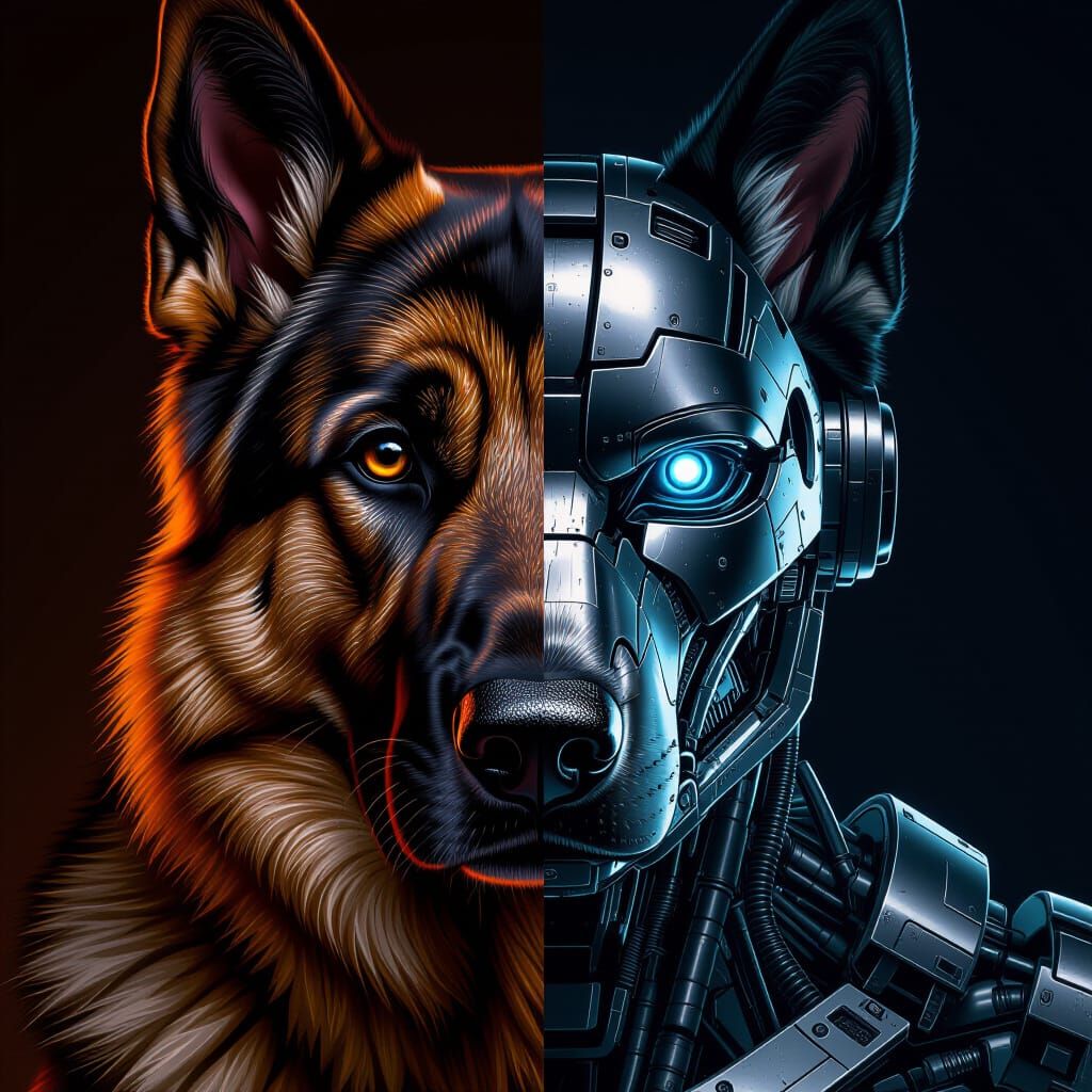 Cybernetic German Shepherd Face in Photorealistic Detail