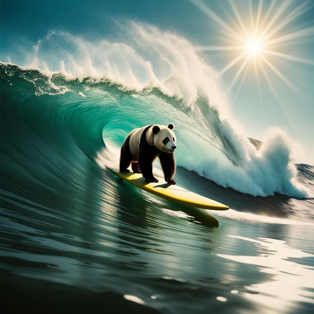a panda bear catching a wave on a surfboard