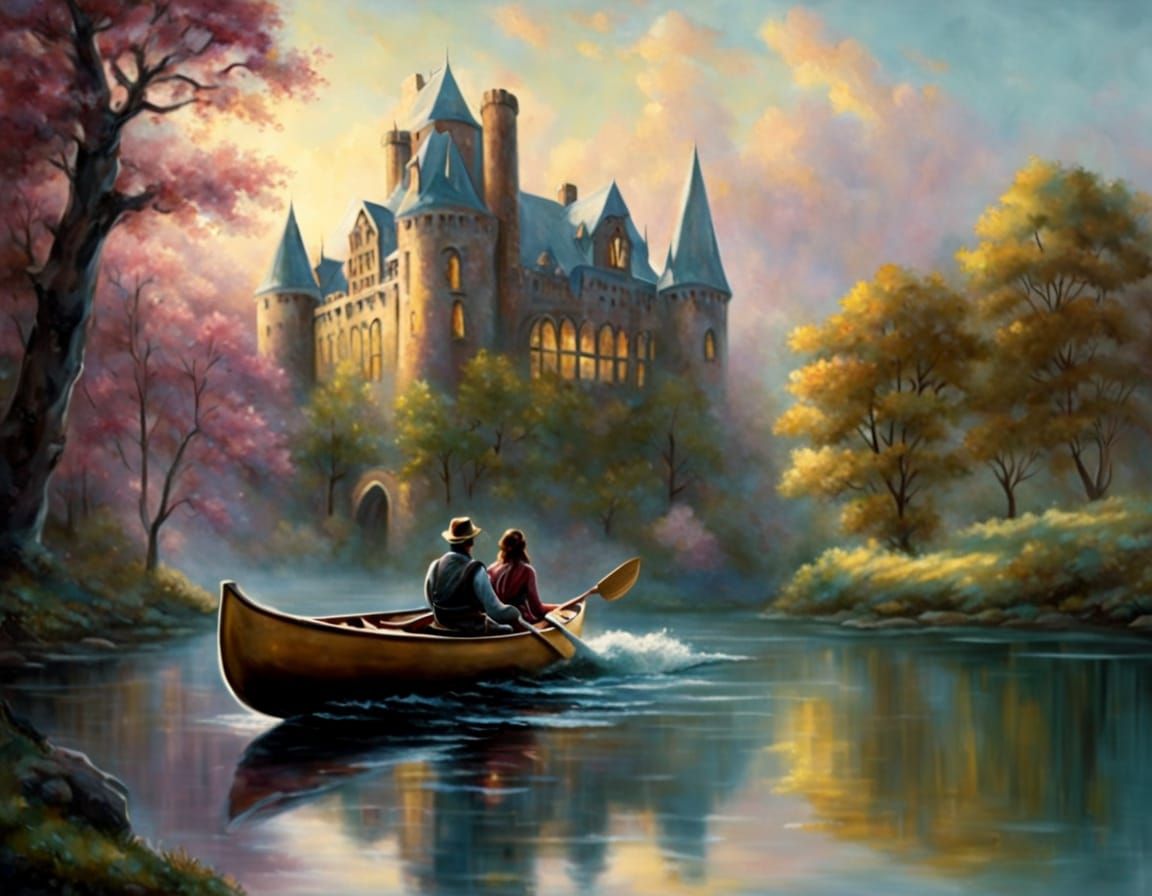 Elegant Couple on River: Victorian Style Landscape