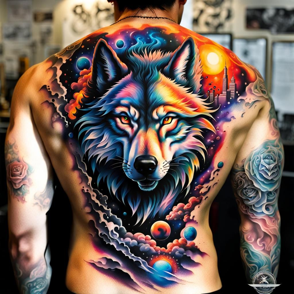 Masterpiece beautifully saturated Wolf tattoo, full back piece
