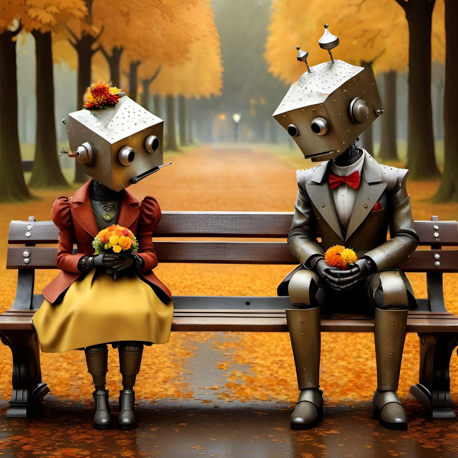 Retro Robot Romance in Autumn Rain