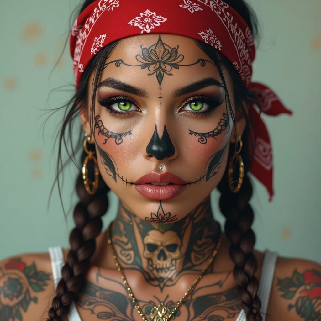 Chicana Portrait with Skull Tattoos in Photorealistic Style