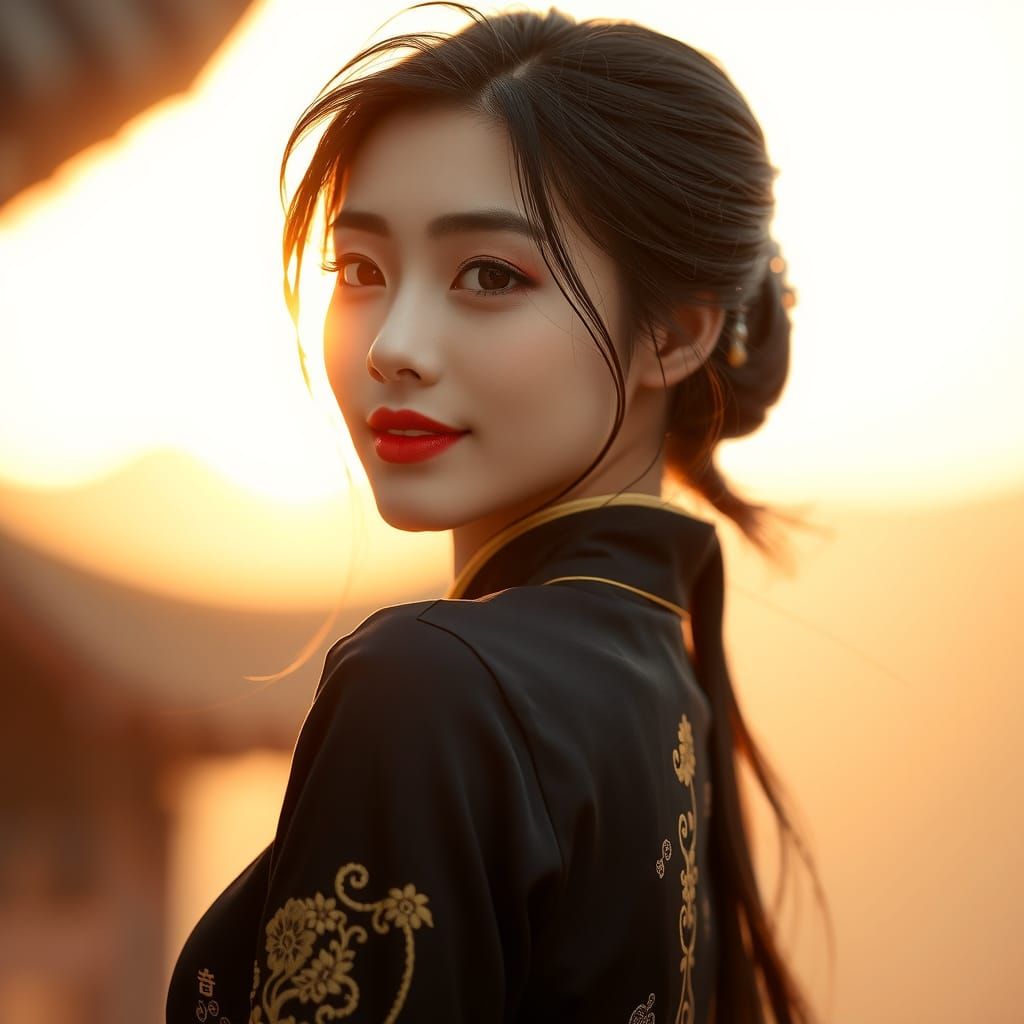 Serene Chinese Beauty Gazing Over Her Shoulder
