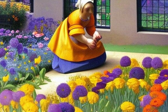 Colorful Flower Garden in Vermeer Style