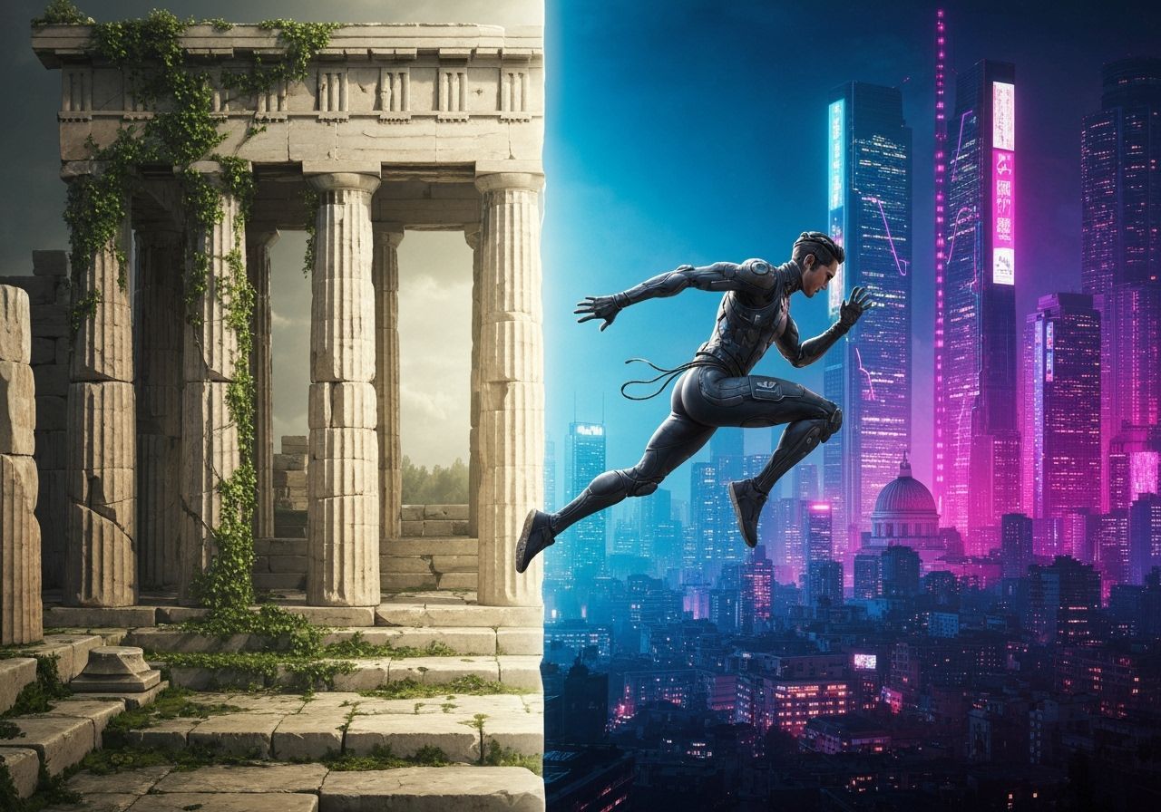 Futuristic Athlete Jumps Across Time in Cyberpunk Style