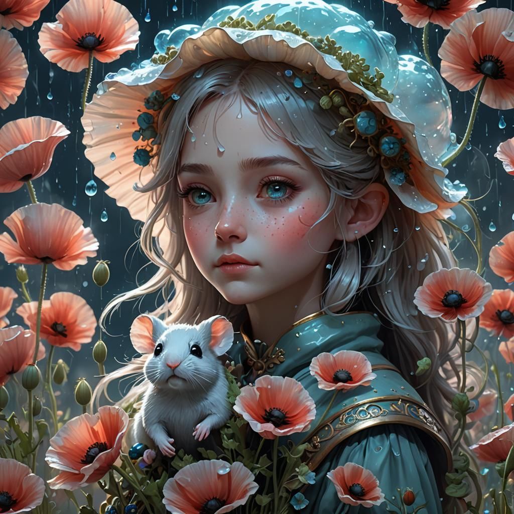 Bioluminescent Poppy Fairytale with Mouse, 3D Render