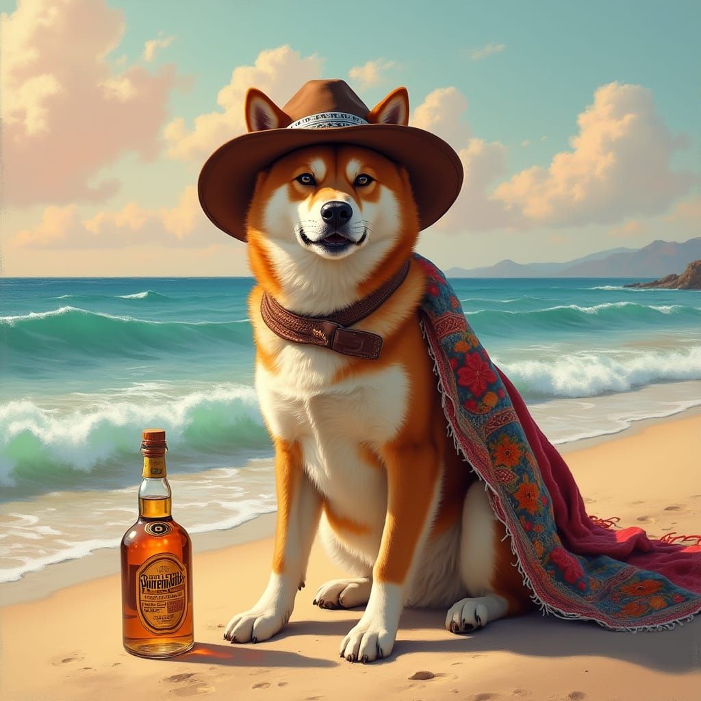 Serene Akita in Impressionist Cowboy Attire on a Tranquil Be...