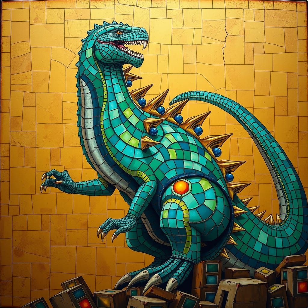 Majestic Gojira in Ancient Mosaic Style