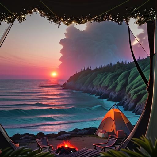 Ocean View Camp at Sunset: Digital Matte Painting