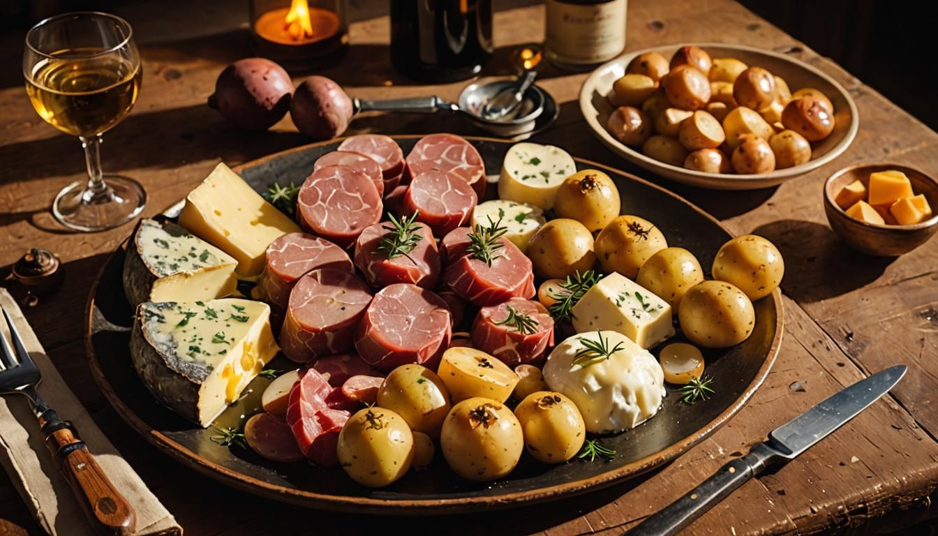 Warm Chalet Still Life with Melted Raclette Cheese