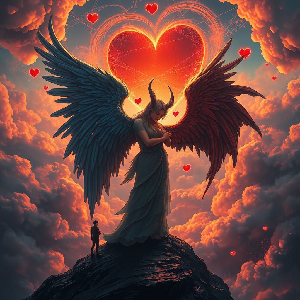 Surreal Encounter Between Angel and Demon Amidst Heavenly Fl...