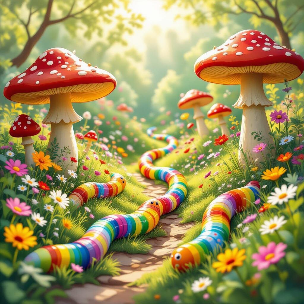 Rainbow Worms in Dreamy Garden Illustration