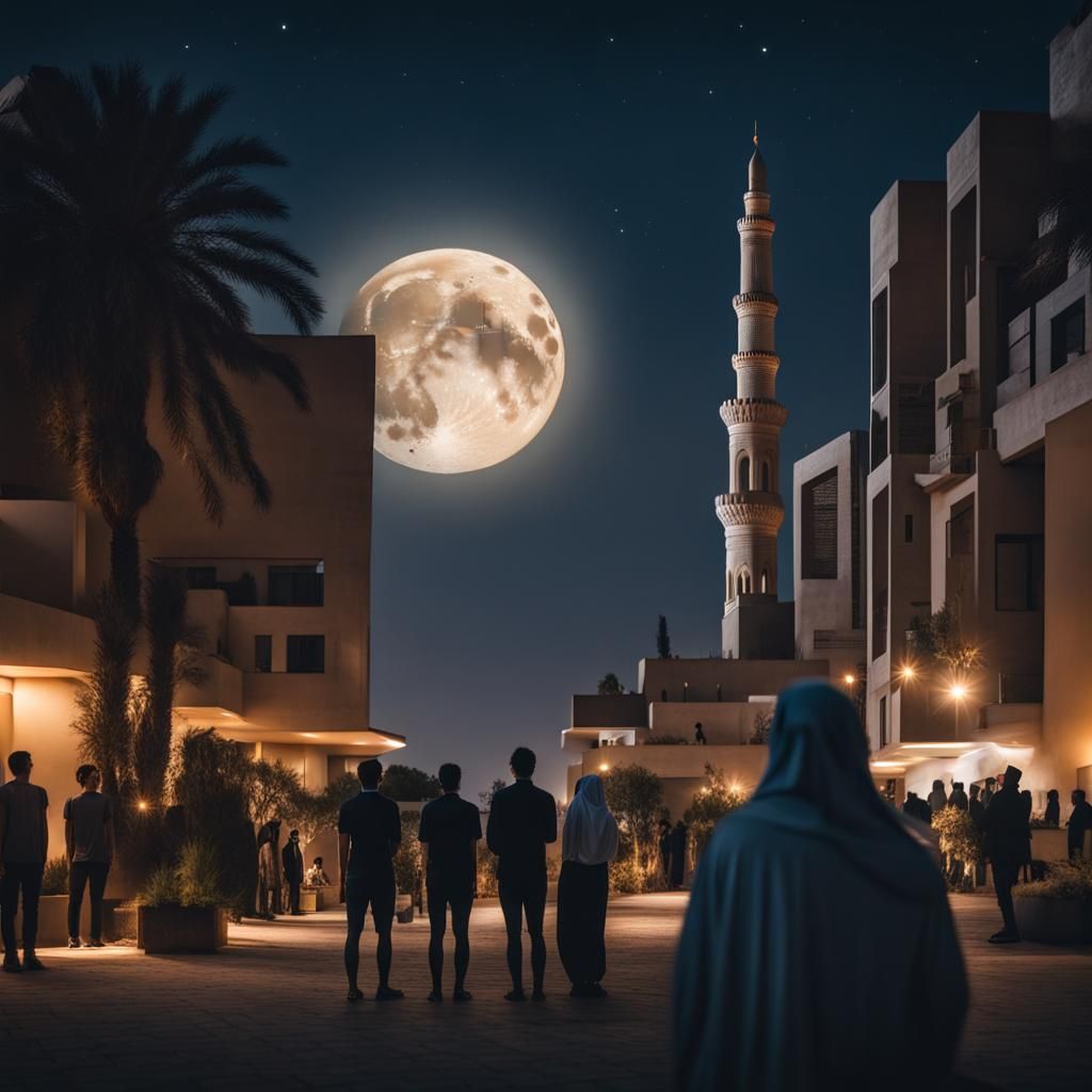 Crescent Moon Over Modern Arabic City