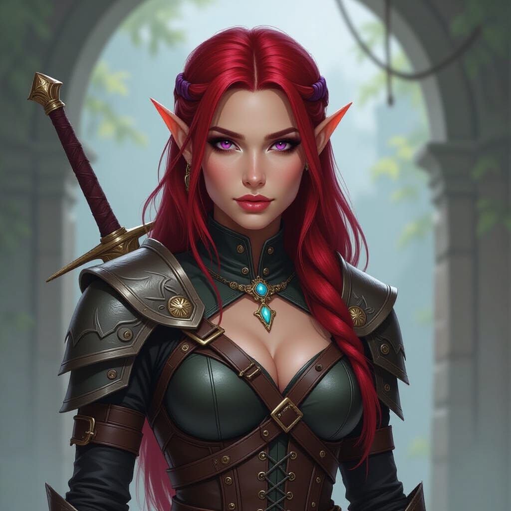 Drow Female Elf Warrior with Red Hair and Purple Eyes